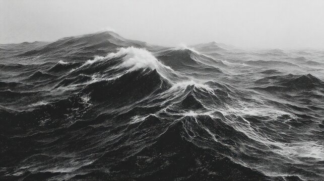 Dramatic monochrome seascape showing powerful ocean waves on a stormy day