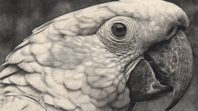 Close up of a detailed monochrome parrot portrait looking to the side