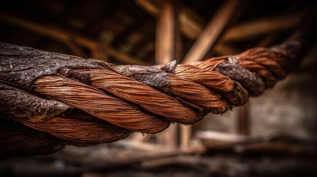 Close-up view of weathered copper wire cable with aged insulation showing intricate textures and strands