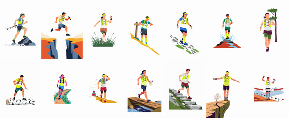 Fototapeta premium Comprehensive set of flat vector illustrations showcasing male and female athletes participating in trail running, mountain racing, and diverse outdoor adventure sports activities.