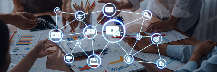 Naklejka premium The concept of video marketing increases online engagement. This digital strategy uses compelling video marketing to attract and retain a target audience for business growth. Entice