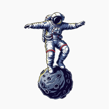 An astronaut balancing precariously on a small asteroid or moon