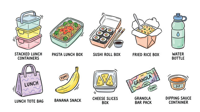 A collection of various lunch items and containers, including meal prep boxes, snacks, and a water bottle, depicted in a cartoon style.
