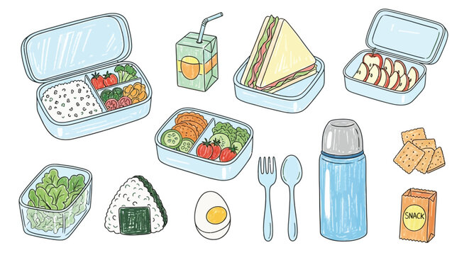 Hand-drawn illustration of various packed lunch items, bento boxes, snacks, and drinks for school or work meals, featuring a doodle style.
