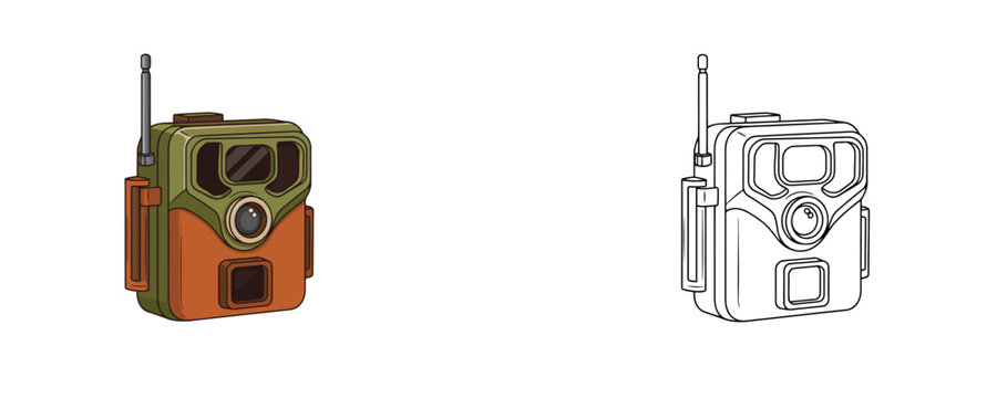 Hunting trail camera trap illustrations with antenna in flat color and black line styles in green and orange tones for wildlife monitoring on white background