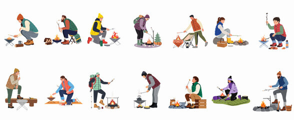 Collection of diverse people wearing warm clothing roasting marshmallows over various campfires and portable fire pits, set of isolated characters on white background. © Cristina