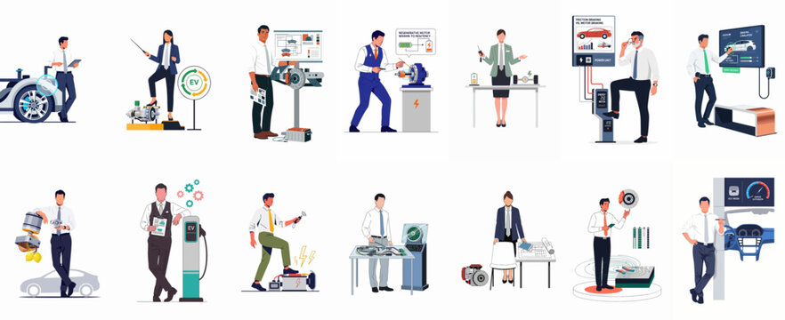 Collection of flat style illustrations featuring professionals and engineers demonstrating electric vehicle technology, automotive components, charging systems, and sustainable energy concepts.