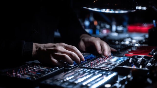 Technician's hands meticulously using a specialized fiber optic cable splice tool for precise network connection