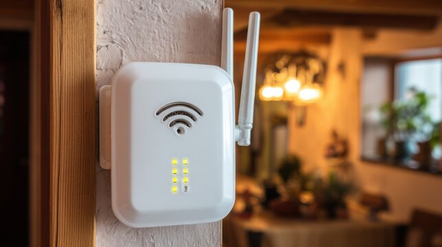 White wireless WiFi repeater unit with antennas mounted on a textured wall, enhancing signal strength for internet connectivity.