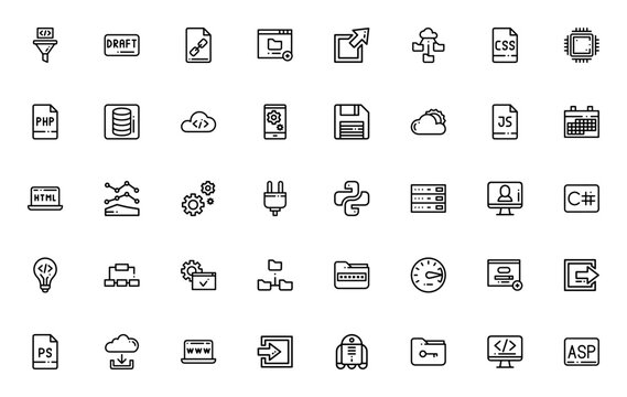 Development icon set. Vector tools and symbols for web, cloud, files, tech, maps and more. Includes gears, plugins, avatars, hashtags, keywords and editable icons.