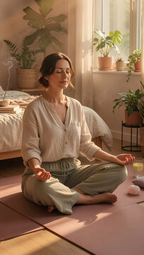 Woman Meditating with Incense Smoke and Natural Window Light