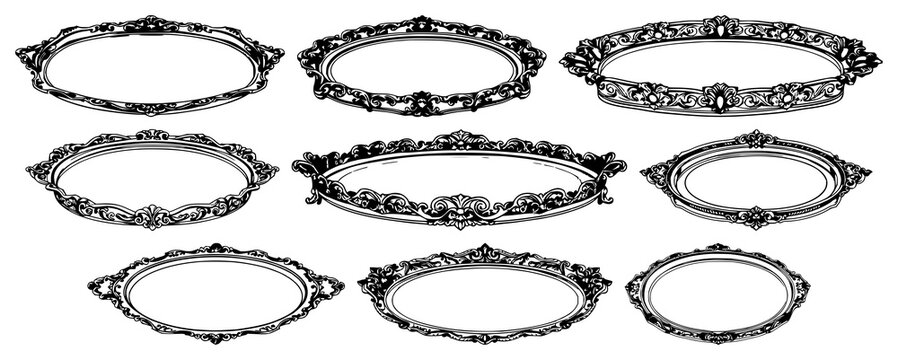 Ornate silver tray set with black line art on white background featuring plate, ceramic, decorative items with jewelry and tableware