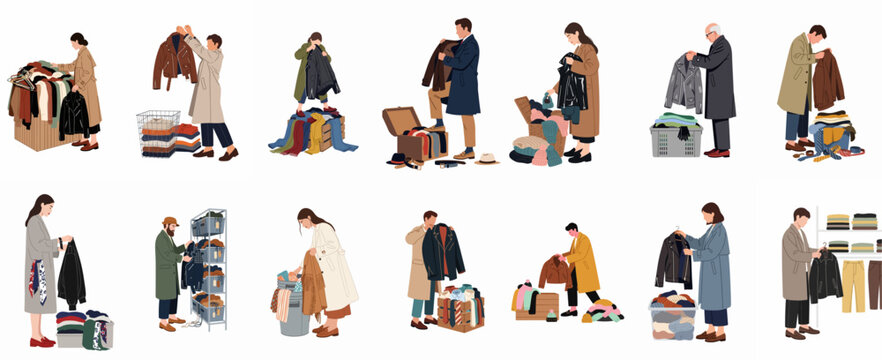 Flat illustration set of people organizing, shopping, or sorting through autumn and winter clothing, including coats, jackets, sweaters, and accessories.