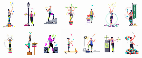 Collection of various street performers and jugglers in colorful outfits entertaining at a festival or circus event, shown in flat vector style. © Cristina