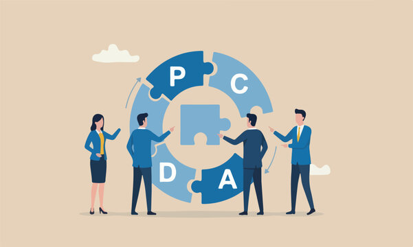 PDCA meeting together Act concept, businessman coworker help complete jigsaw puzzle loop alphabets PDCA.