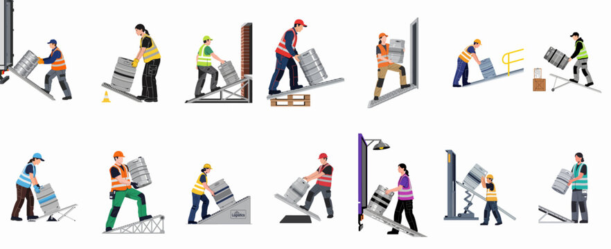 Illustrations of warehouse workers and delivery drivers manually loading and unloading beer kegs using ramps in various logistics scenarios.