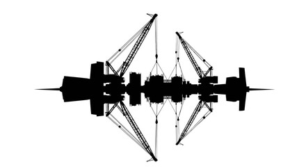 Symmetrical silhouette of cranes lifting modules, reflected below © Tawang
