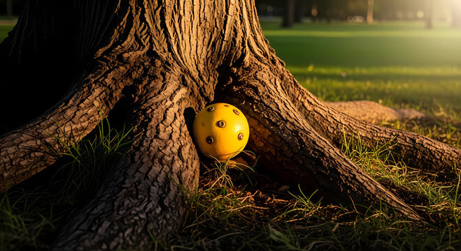 A bright yellow, textured ball with multiple small holes resting nestled among the large, gnarled roots of a majestic tree trunk in a sunlit park.