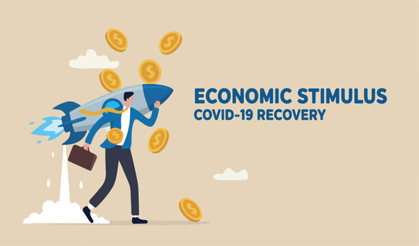 Economic stimulus money, money to boost business and recover from Coronavirus COVID-19 crisis, dollar coin fall on side businessman with from rocket