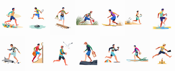 Diverse Collection of Men Engaged in Various Summer Beach Activities and Water Sports Vector Illustration © Cristina
