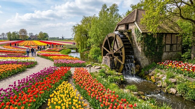 Traditional Watermill with Colorful Tulip Fields made by AI generative