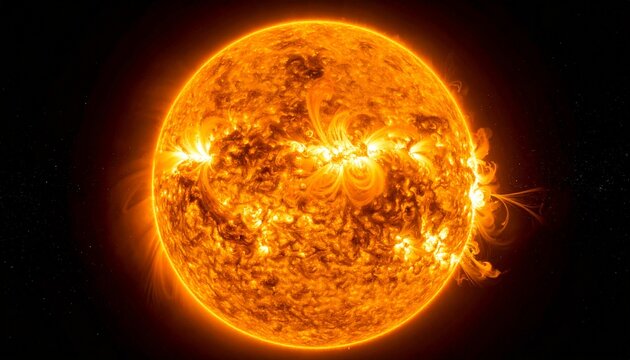 Fiery Solar Majesty: A captivating close-up of the sun ablaze with intense solar flares and coronal activity, radiating fiery energy against the vast expanse of the cosmos.