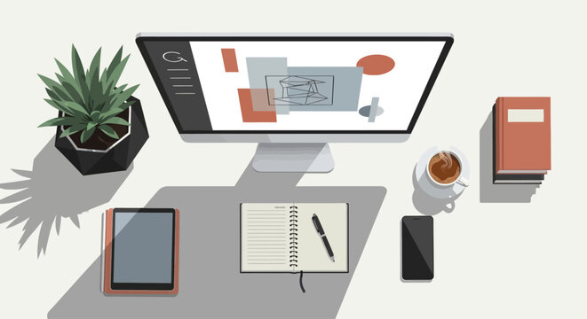Modern workspace setup with digital tablet and notebook on white desk.