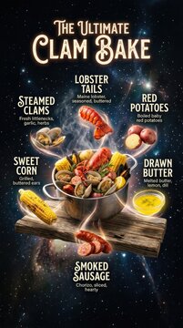 Delicious Ultimate Clam Bake with Lobster Tails and Sides.
