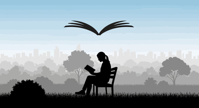 Silhouette of a person reading a book amidst a misty forest and city skyline