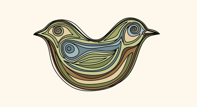 Stylized, two-headed bird formed by flowing, colorful lines on a cream background