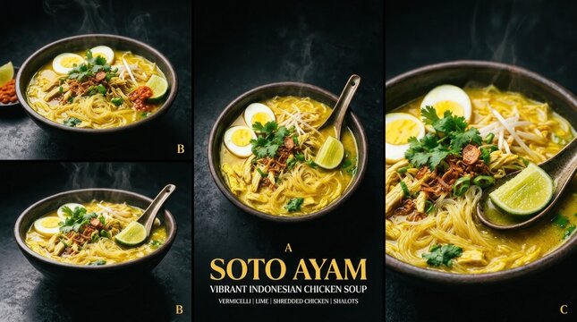 Delicious Indonesian Soto Ayam Chicken Soup with Fresh Ingredients.