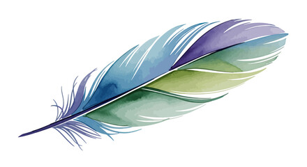 Delicate watercolor feather with flowing blue, green, and purple hues on a white background © Tawang