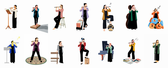 Diverse Collection of Flutist Illustrations Featuring a Woman Playing the Flute in Various Artistic Poses and Musical Settings © Cristina