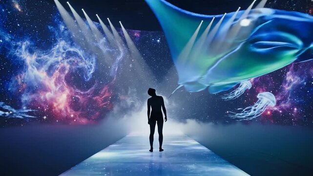 Silhouette walks immersive space with cosmic jellyfish and manta ray