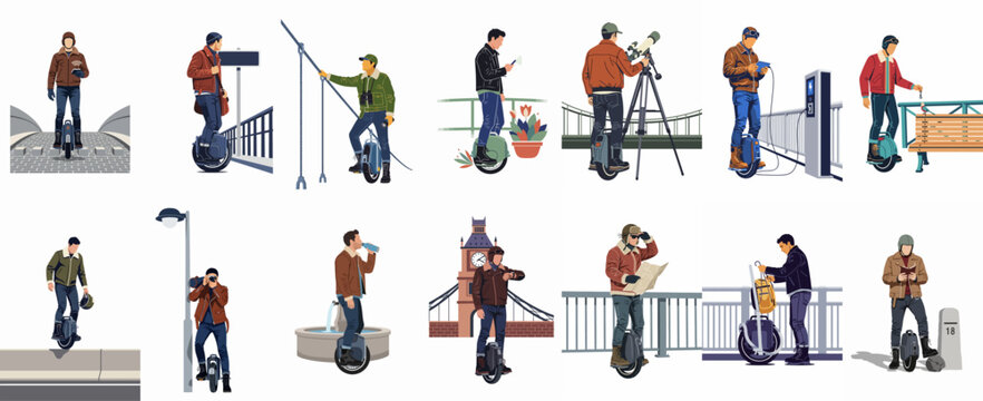 Collection of illustrations showing men using electric unicycles for various activities, including commuting, sightseeing, and charging in a modern urban environment.