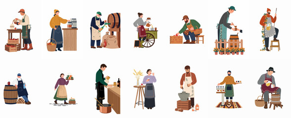 Fototapeta premium Set of illustrations featuring people engaged in traditional harvest, food production, and beverage preparation activities like cider making, winemaking, and brewing.