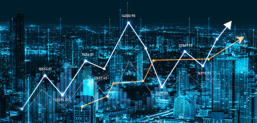 Plakat A captivating night view of a city skyline featuring financial graphs and trend lines in a digital format, symbolizing economic growth and investment potential. Scalp