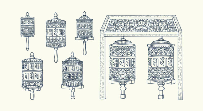 Set of Hand Drawn Tibetan Buddhist Prayer Wheels Mani Wheels Sketch Vector Illustrations for Design