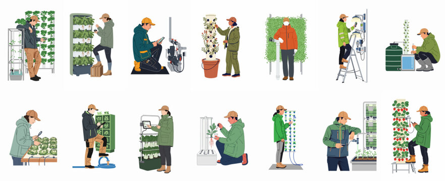 Illustrations of modern farmers managing vertical hydroponic systems, using digital tools to grow crops in a sustainable and high-tech indoor environment.