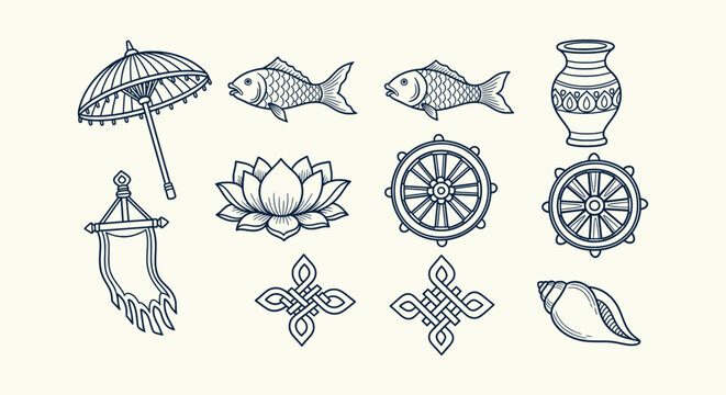 Ashtamangala Eight Auspicious Symbols Buddhist Icon Set Vector Line Art for Yoga and Meditation