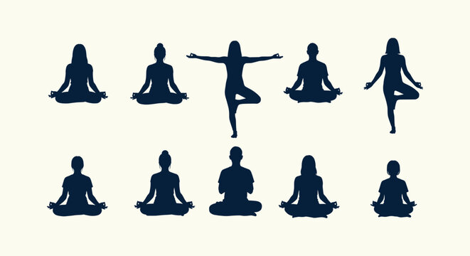 Set of Yoga Silhouettes for Meditation and Fitness with People in Various Poses on Clean Background