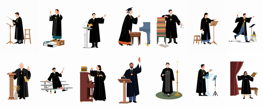 Set of flat vector characters wearing ceremonial black robes, including conductors, speakers, and professors in different academic and musical scenarios.