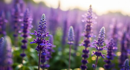 Naklejka premium Close-up of vibrant purple Salvia flowers in a sunlit field, soft bokeh background, ideal for nature, wellness, and floral design projects, high-quality photography.