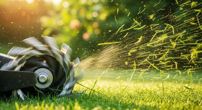 Close-up of a rotating string trimmer cutting lush green grass in a sunny garden, creating a dynamic spray of clippings, perfect for lawn care and gardening concepts.