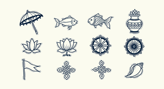Set of Hand Drawn Auspicious Buddhist Symbols Including Dharma Wheel Lotus and Endless Knot Icons