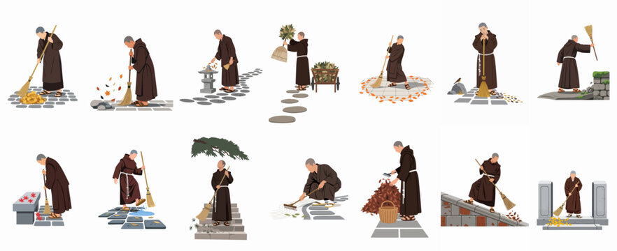 Illustrations of a monk in brown robes performing various garden tasks such as sweeping leaves, raking sand, and maintaining a traditional zen garden.