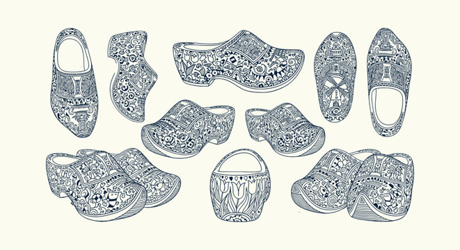 Set of traditional Dutch wooden shoes with intricate doodle patterns hand drawn vector illustration