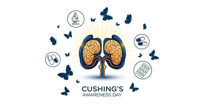 Cushing's Awareness Day Vector Illustration: Adrenal Glands, Butterflies, Pills, Microscope, Medical Icons for Awareness Campaigns