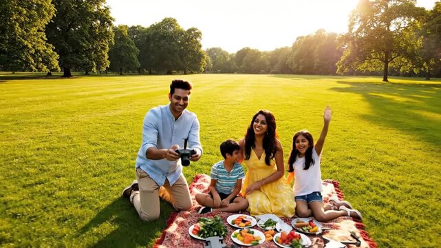 Happy family enjoying picnic with drone in sunny park