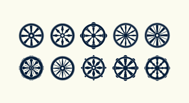 Buddhist Dharmachakra symbol set with ten different dharma wheel icons for spiritual yoga designs